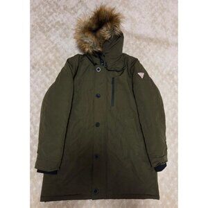 Guess Men's XL Olive Green Winter Parka Jacket Faux Fur Hood Heavy Coat NWOT